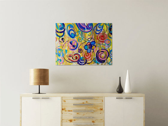 Abstract painting , summer and sunshine, turquoise,  gold, red lemon painting.