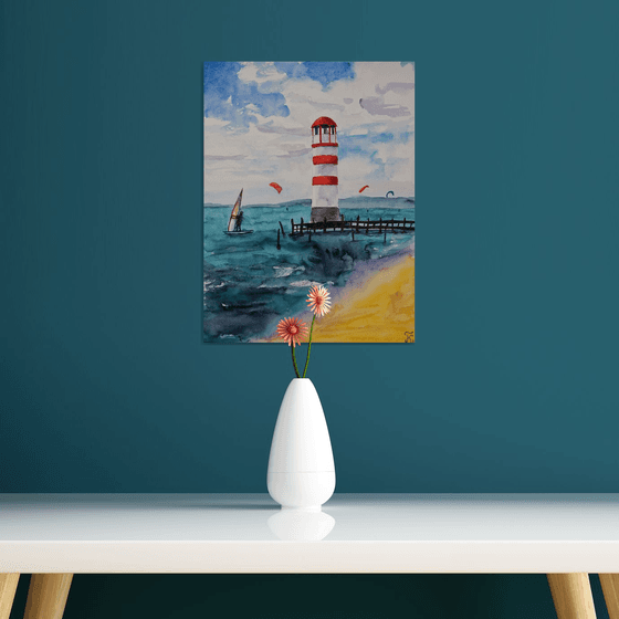 Lighthouse watercolor original painting, seascape wall art, coastal home decor