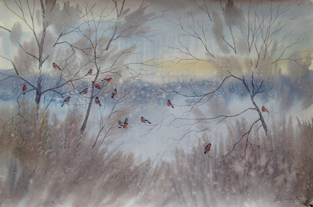 Impressionistic Landscape Watercolour By Valeriy Savenets-1, 18 X 12", Bullfinches, Original Artwork