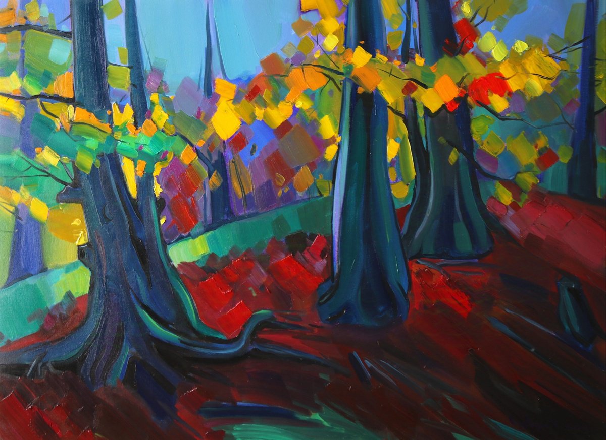 Expressive Landscape Oil Painting By Tigran Avetyan, 30 X 22", Autum In Forest, Original Artwork