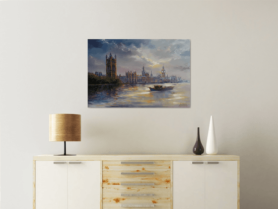 London Evening -  Thames, Palace of Westminster, large original oil painting