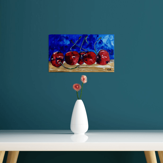 Cherries. Still life. Palette knife painting on linen canvas