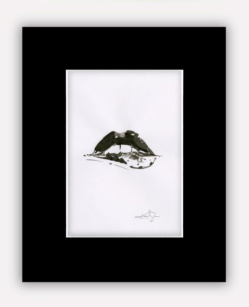 Sexy Lips 7 -  Biting Lower Lip, Original Minimalist Ink Illustration by Kathy Morton Stanion by Kathy Morton Stanion