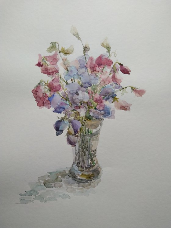 Bouquet of sweet peas in vase. Original watercolour painting.