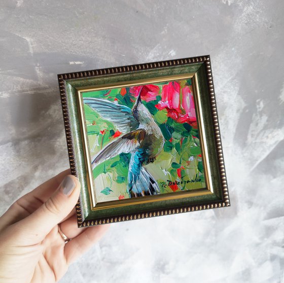 Hummingbird art oil painting original framed 4x4, White hummingbird green painting miniatures, Bird wedding gift