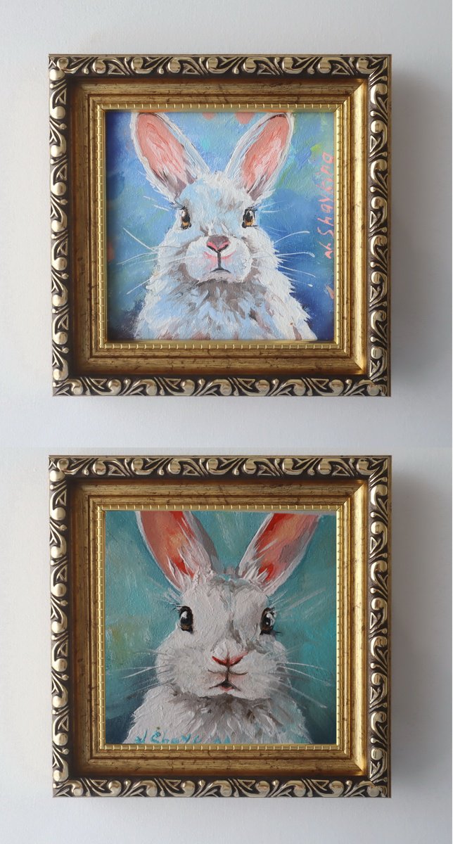 Impressionistic Animal Oil Painting By Natalia Shaykina, 5 X 5", White Bunny, Set Of 2, Original Artwork