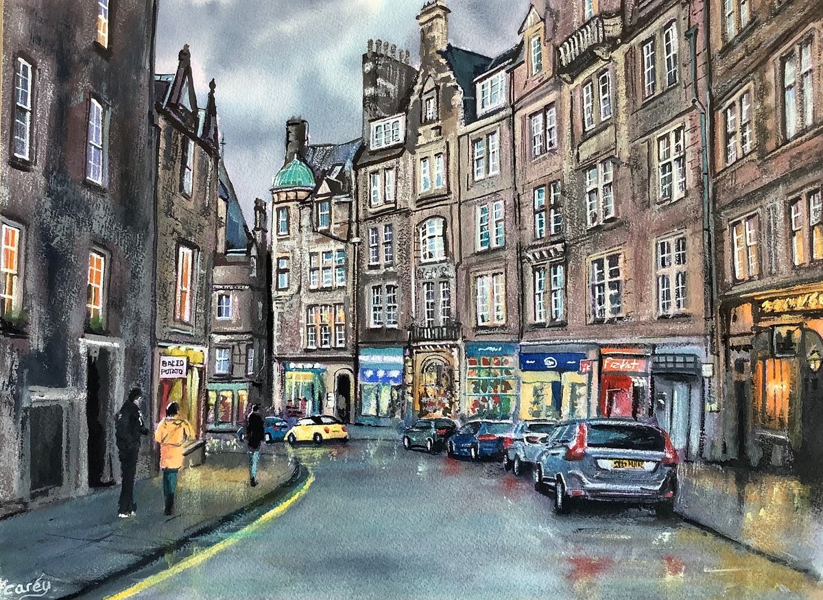 Photorealistic Cityscapes Watercolour By Darren Carey, 15 X 11, Cockburn Street, Edinburgh, Original Artwork