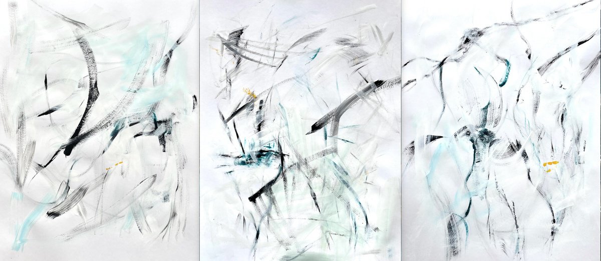 Expressive Abstract Acrylic Painting By Christel Haag, 59 X 26, The Other Side (Triptych), Original Artwork