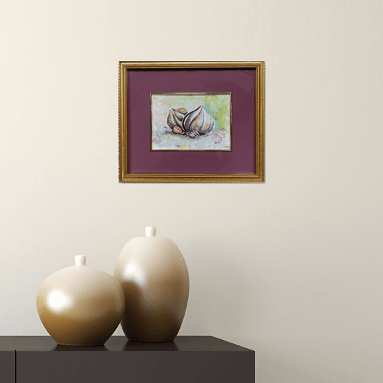 Garlic Original Watercolor Burgundy Mat with gold border, gold frame