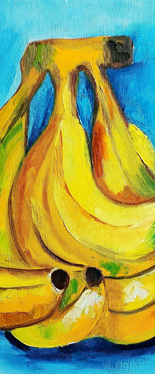 Bananas on  turquoise  Still life. Palette knife painting on linen canvas by Olga Koval