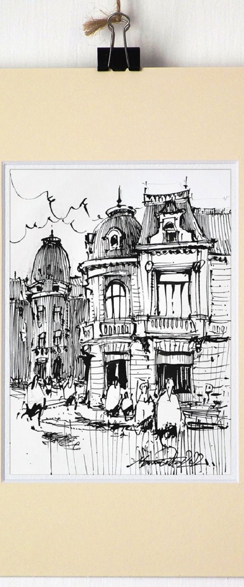 Romanian cityscape drawing, ink on paper, 2022 by Marin Victor