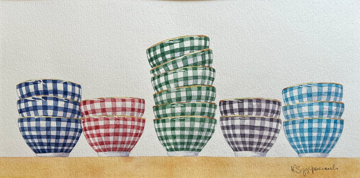 Urban And Pop Still Life Watercolour By Krystyna Szczepanowski, 16 X 8", Chequered Bowls In A Row, Original Artwork