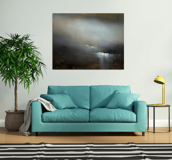 Blue dam 120x90 cm  - gold particles original oil painting landscape gift modern urban art office art decor home decor gift idea