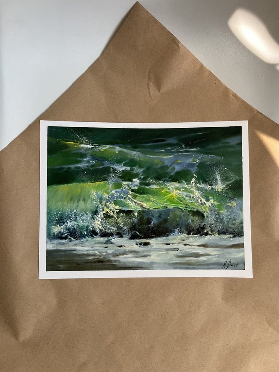 Green wave original oil painting