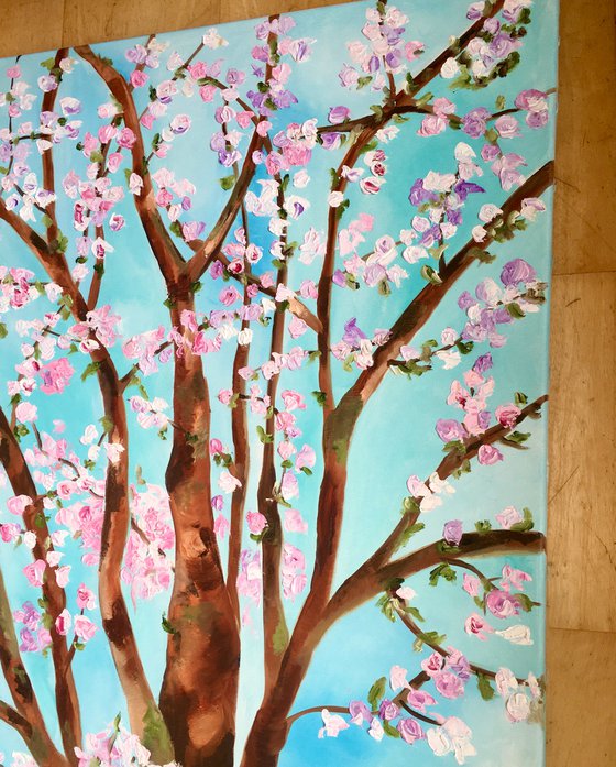 Apple blossom , spring in London white, pink, turquoise 81 x 61 cm  ready to hang oil painting