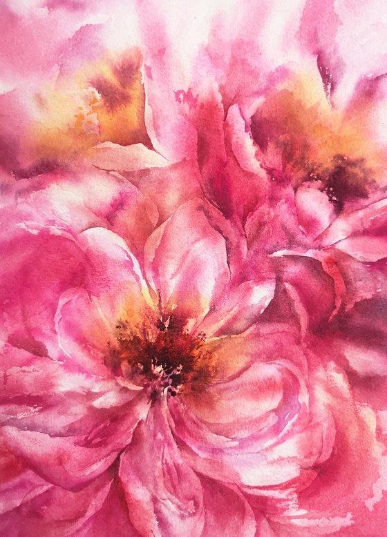 Pink peony bouquet, small watercolor painting