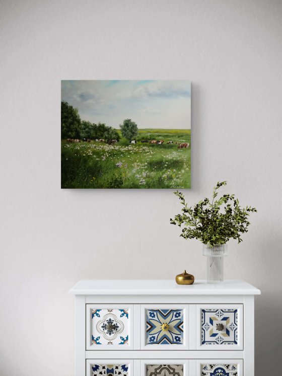Cows Grazing in Wildflower Meadow