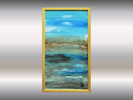 Lonely Beach  - abstract acrylic painting, canvas wall art, blue brown white, framed modern art