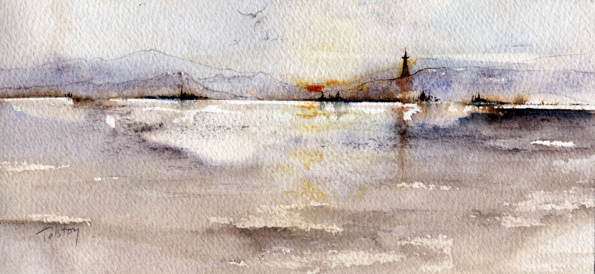Impressionistic Landscape Watercolour By Alex Tolstoy, 10 X 5, The Lighthouse, Original Artwork