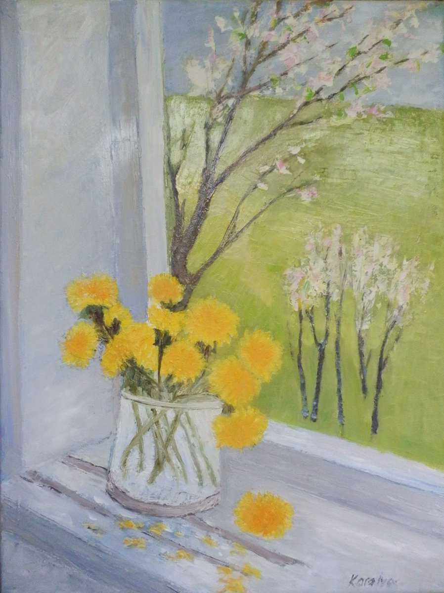 Spring with dandelions at the window by Maria Karalyos