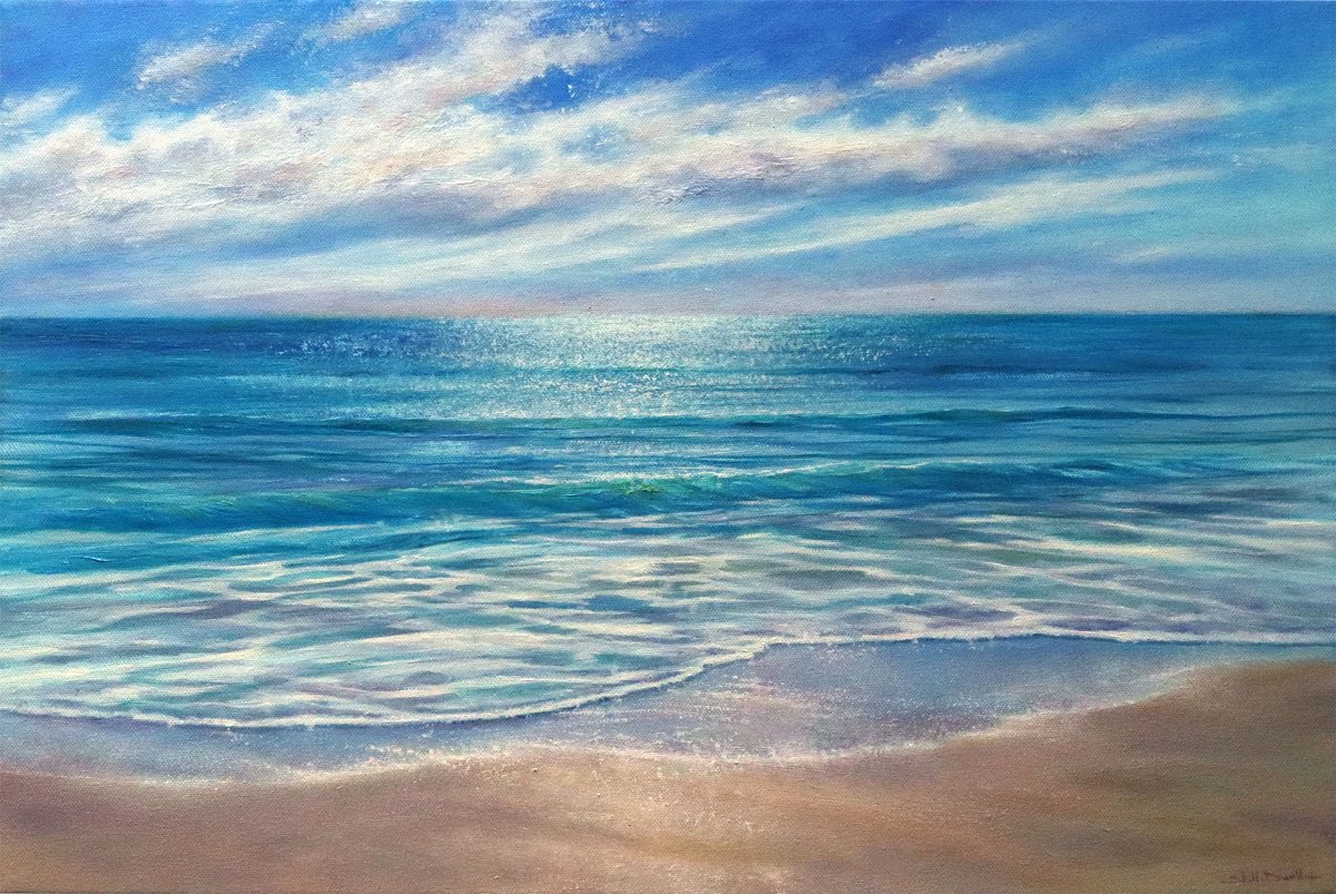Impressionistic Landscape Oil Painting By Stella Dunkley, 24 X 16", The Serene Shore, Original Artwork