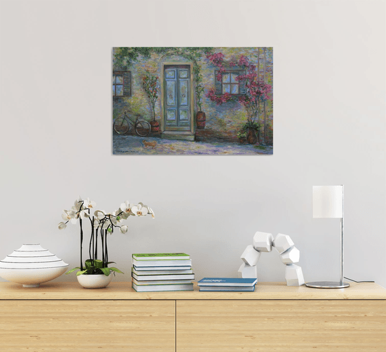 Original Oil Painting of Italian Countryside Tuscan Village House Rural Street under the Sun with a Cat Pet Cityscape Multicolor Fineart
