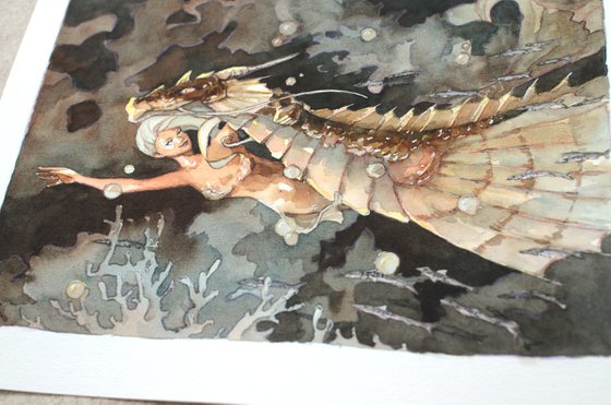 Mermaid and Water Dragon, Fantasy in watercolor
