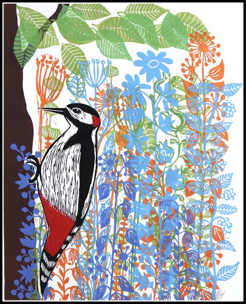 Woodpecker and Flowers by Mariann Johansen-Ellis