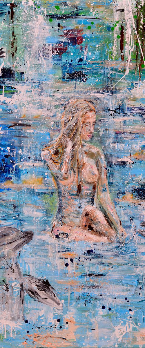 Female nude/ seascape PARADISE BY THE DOLPHINS LIGHT - 100 x 120 cm painting by Oswin Gesselli by Oswin Gesselli