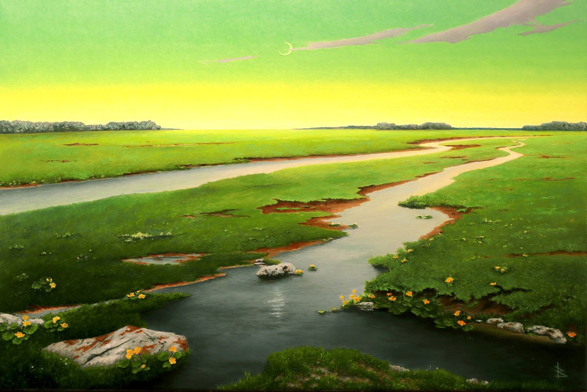 Impressionistic Landscape Oil Painting By Oleg Baulin, 47 X 31", Philosophy Of Water, Original Artwork