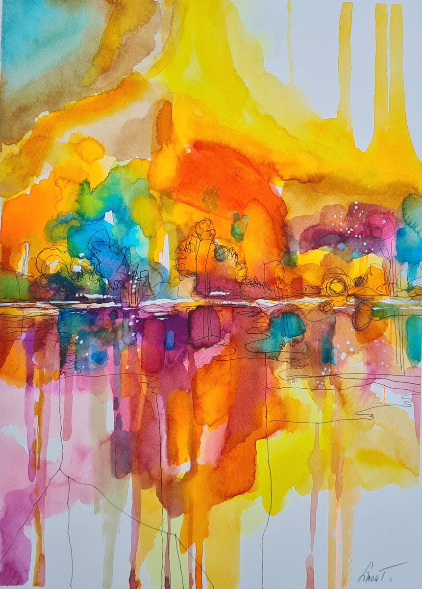 Organic Landscape Watercolour By Simon Tunde, 12 X 16", Enjoy The Moments (30X40Cm), Original Artwork