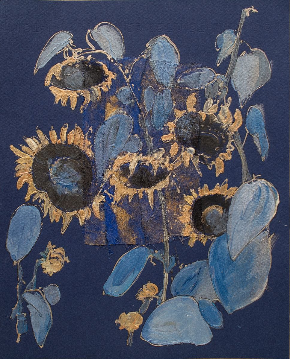 Golden blue sunflowers by Vlada Lisowska