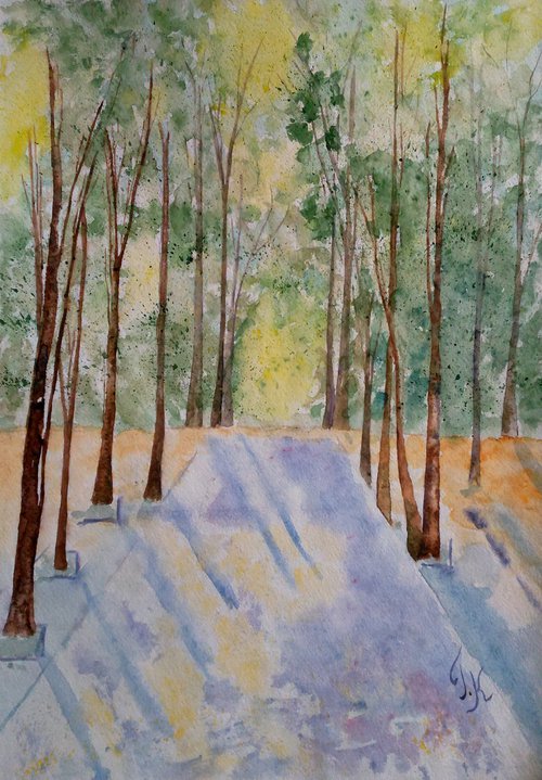 Fall Painitng Park Original Art Landscape Watercolor Autumn Artwork Small Wall Art 12 by 17" by Halyna Kirichenko by Halyna Kirichenko