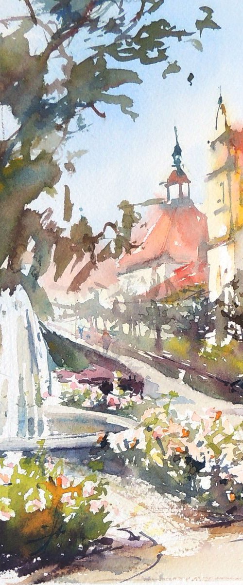 "A fountain in Sopot" by Merite Watercolour