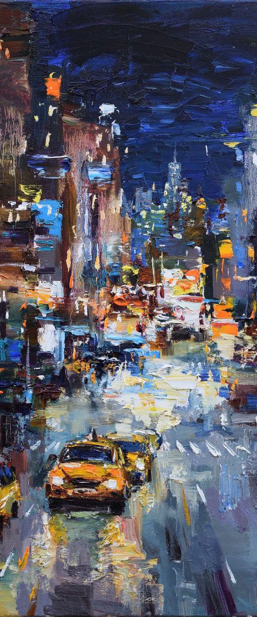 Night City Street - Original urban landscape painting by Anastasiia Valiulina