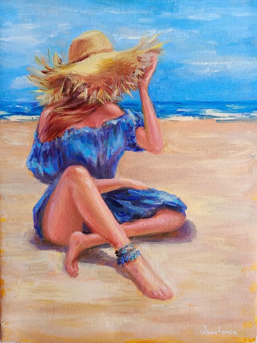 Woman in hat on beach by Anastasia Art Line