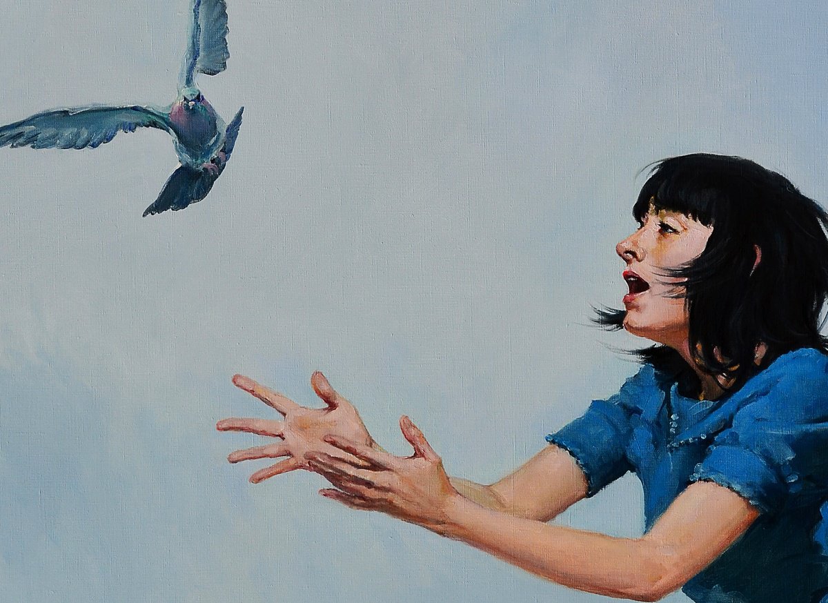 Urban And Pop Portrait Giclee Print By Oleg Kateryniuk, 28 X 20", So Scare A Dove, Original Artwork