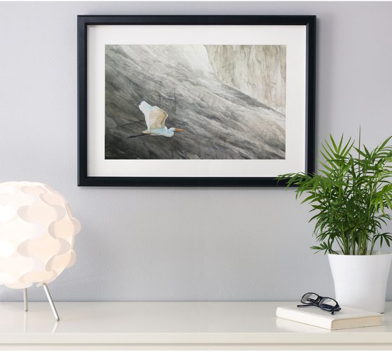 Flying Great Egret - white egret - original watercolor landscape - mountain lake - mountains - canyon