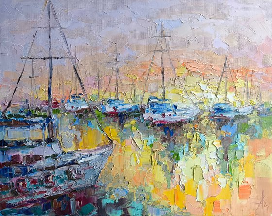 Quiet harbor at sunset