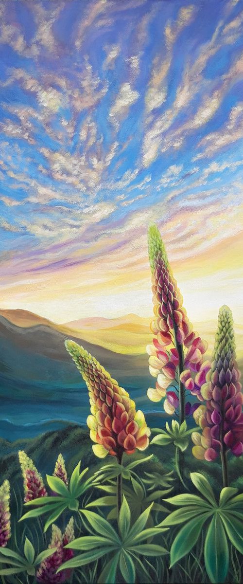 "Evening fairytale", lupines floral painting, landscape flowers art by Anna Steshenko