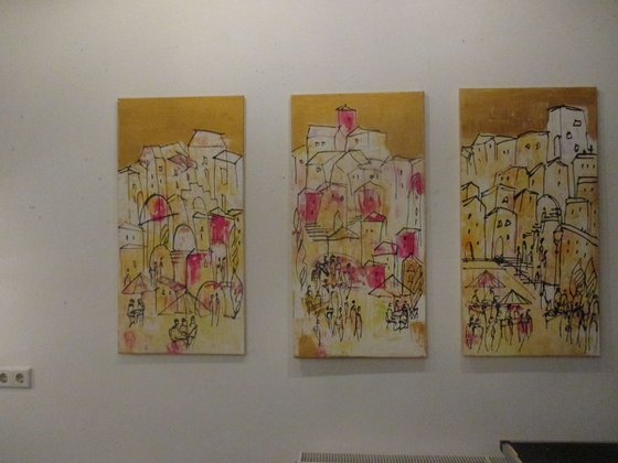 4 parts mediterrian citylife xl Oilpainting 39,4 x 78,7 inch