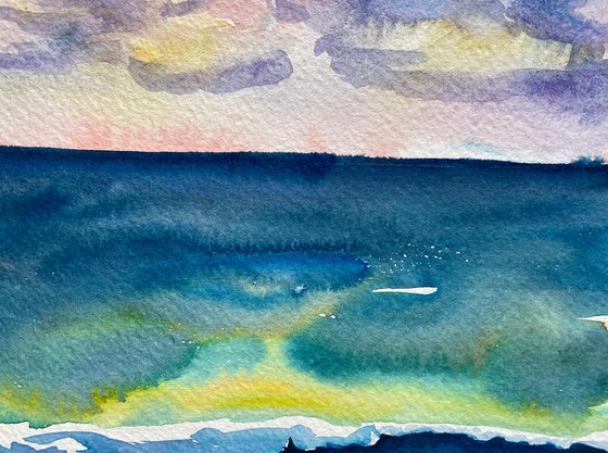 Ocean Watercolor Painting, Sunset Seascape Original Artwork, Coastal Wall Art, Beach House Decor