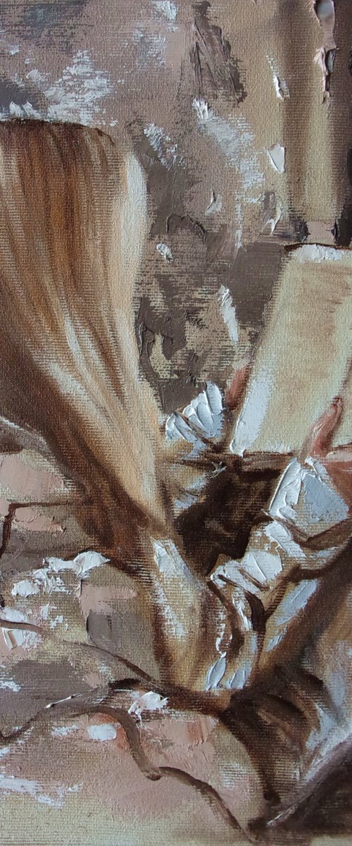 " BED TIME STORIES " book lover original painting window WINTER palette knife GIFT brown by Monika Luniak