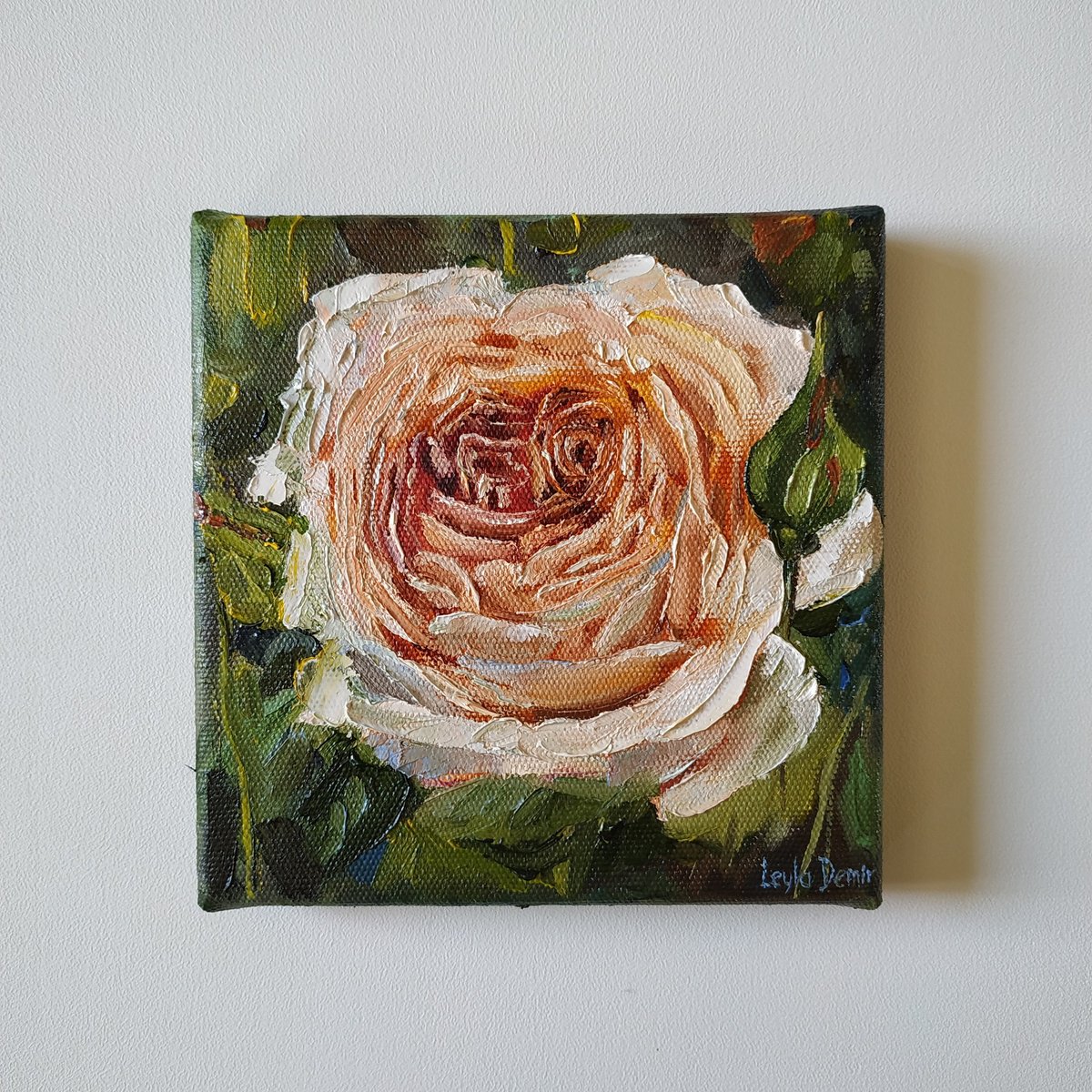 Cream rose original oil painting mini still life 6x6