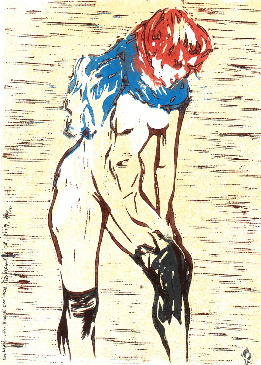Woman putting on her stockings - Linoprint inspired by Toulouse Lautrec by Reimaennchen - Christian Reimann