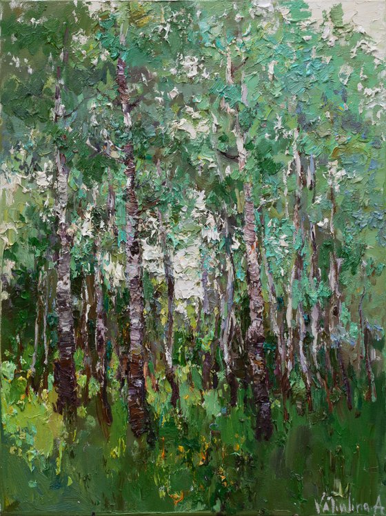 Spring birch forest Original oil painting