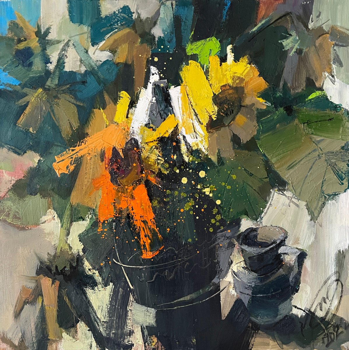 Expressive Botanical Oil Painting By Igor Yuryev, 28 X 28, Emotion, Original Artwork