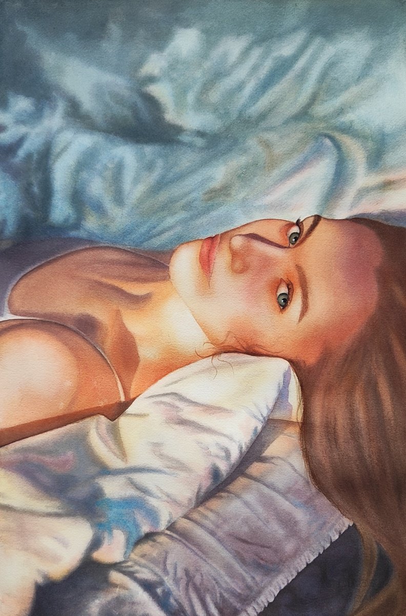 Photorealistic Portrait Watercolour By Zhanna Utkina, 15 X 22", Touch Of Sun, Original Artwork