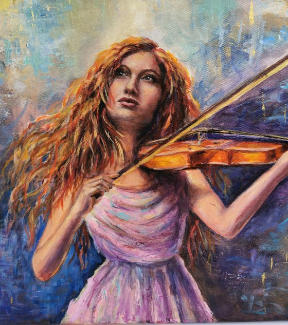 Original acrylic female portrait, girl musician painting
