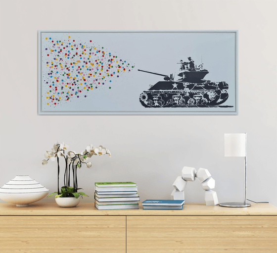 "Make Art..." - Anti war street art, urban pop tank art on canvas spray paint Banksy style stencil colourful abstract explosion splashes splatter military cnd graffiti